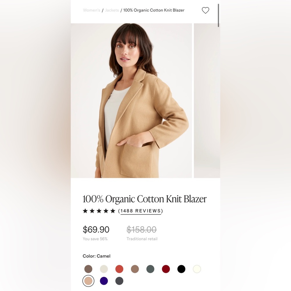 Quince 100% Organic Cotton Knit Blazer in Camel XS